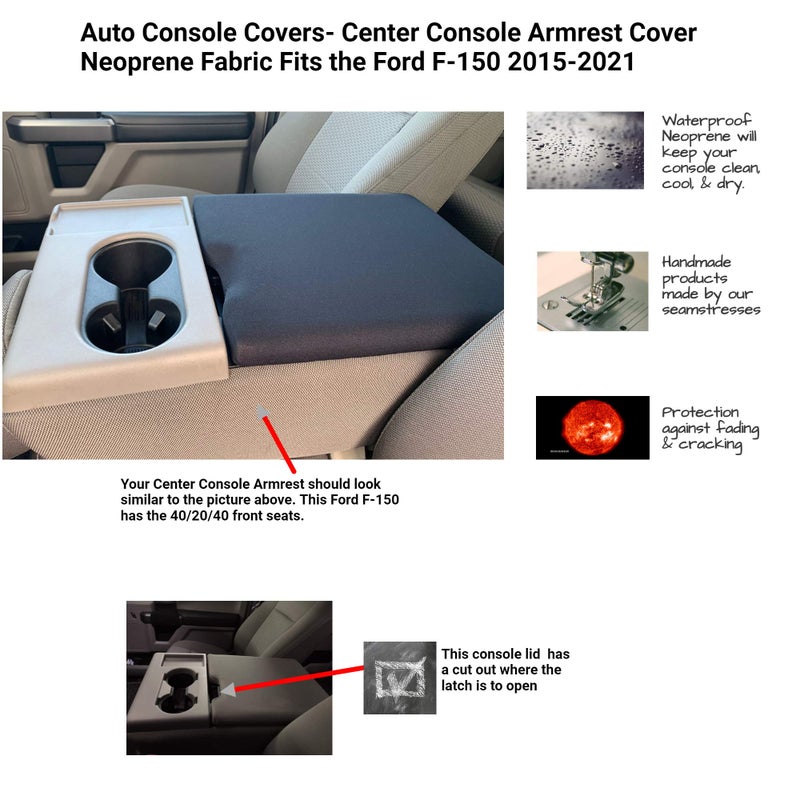 Auto Console Covers - Premium Center Console Cover Armrest Compatible with Ford F-150 2015-2022, Waterproof Neoprene Fabric Middle Console Cover (Gray) - Image 1